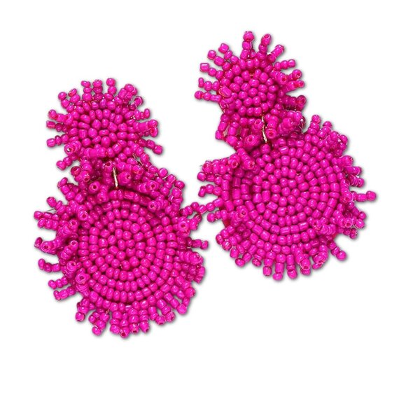 Fuchsia Pink Seed Beaded Round Statement Earrings NEW - Picture 2 of 3